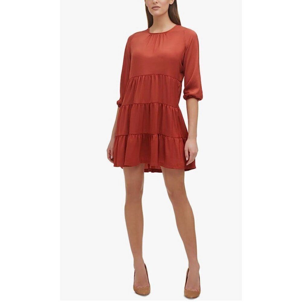 NWT Tommy Hilfiger Women Bronze Crew Neck Tiered Dress Size 2